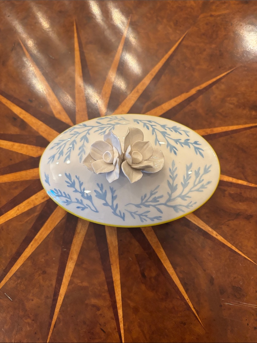 Ceramic Lidded Trinket Box with Floral Accent - Blue & White